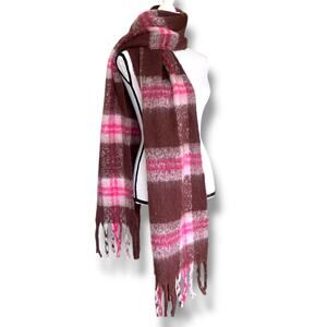 Anthropology Fringe Trim Blanket Scarf Brown Pink Plaid 100% Recycled Polyester